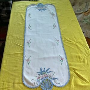 Vintage Hand Embroidered Dresser Scarf With Crocheted Medallion On Each End